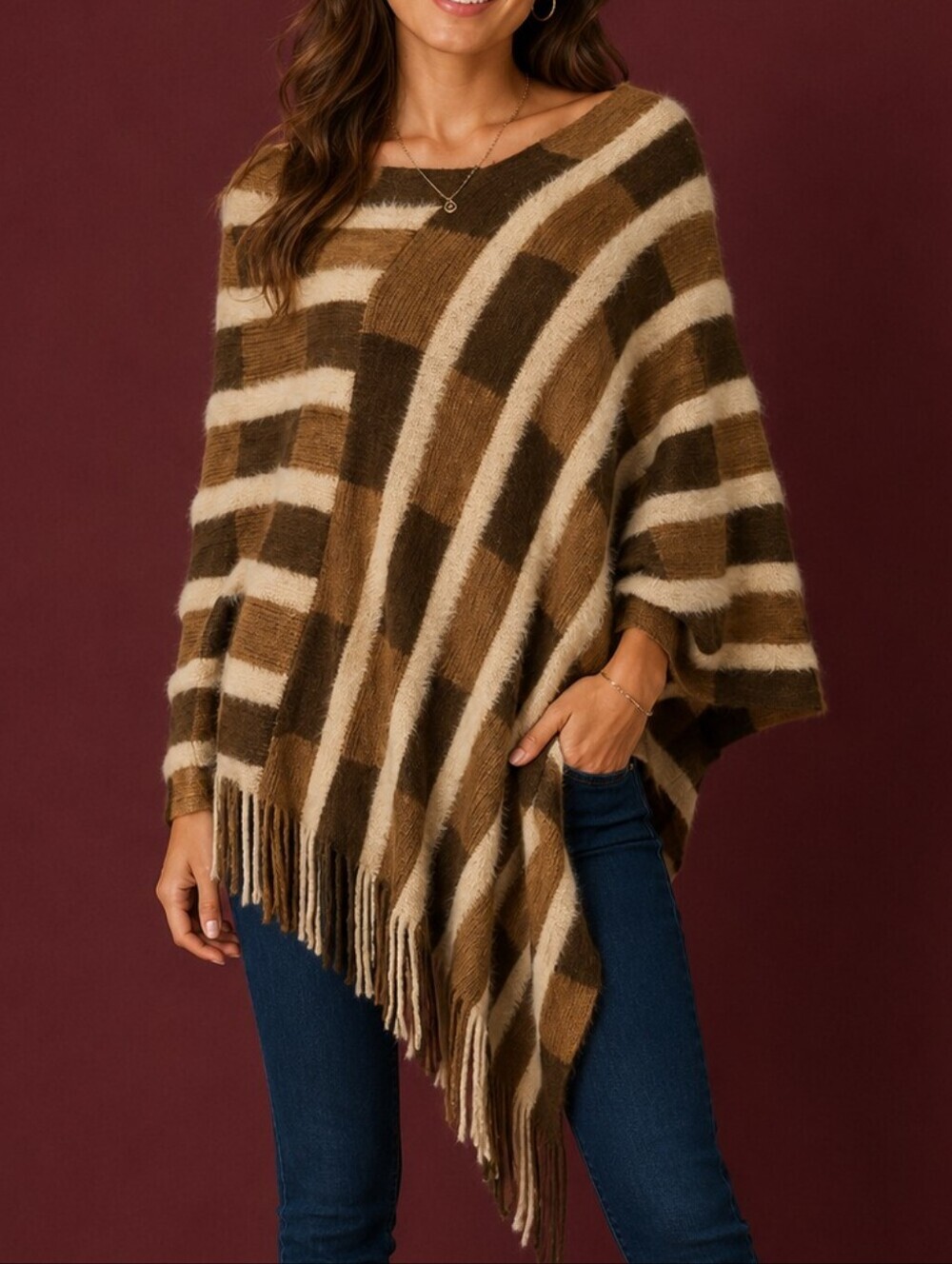 NORTHERN ANGEL Fuzzy Knit Fringe Striped Sweater Poncho